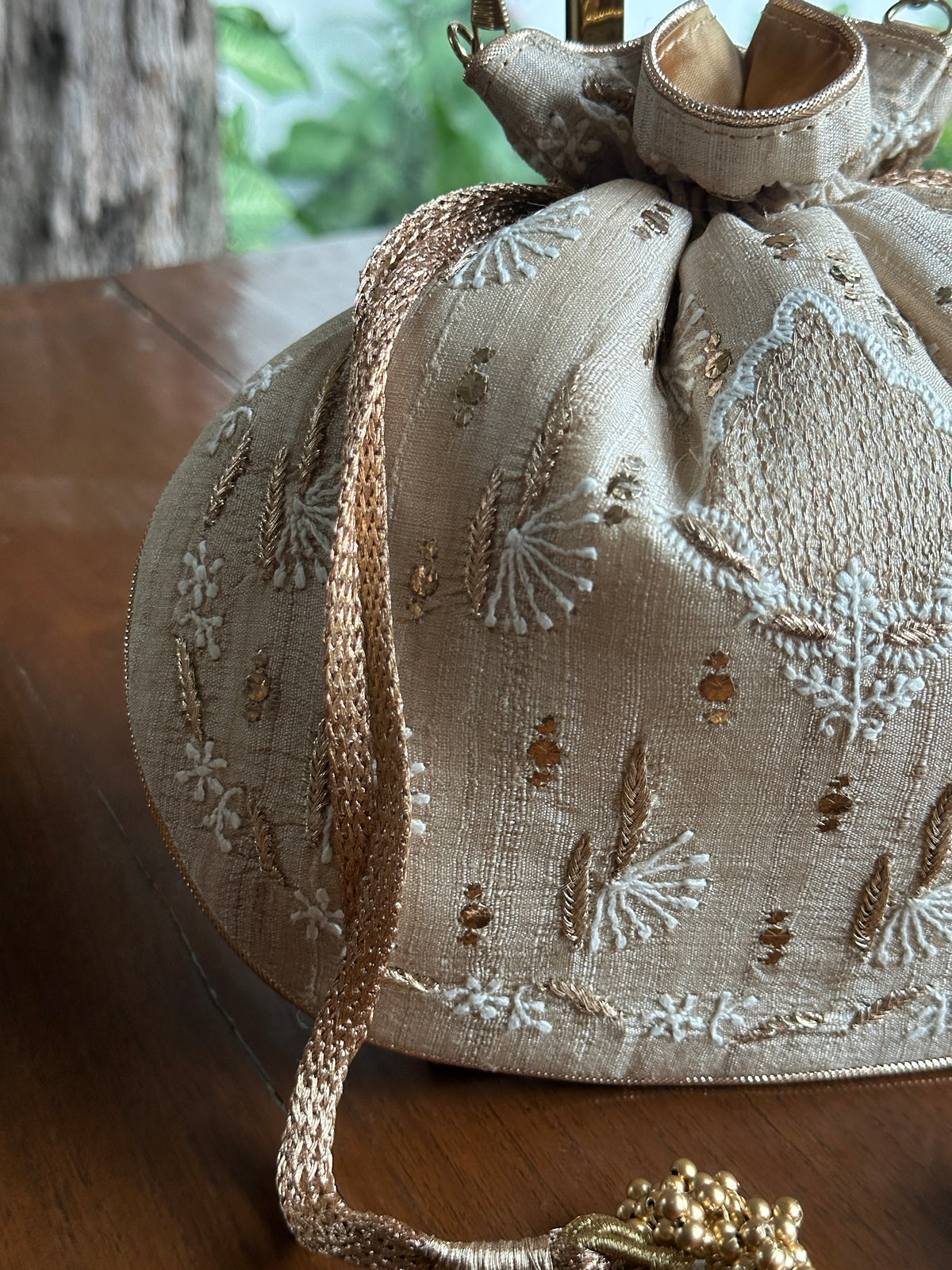 Natural Beige Silk Chikankari Ari & Kasab Work Potli Bag