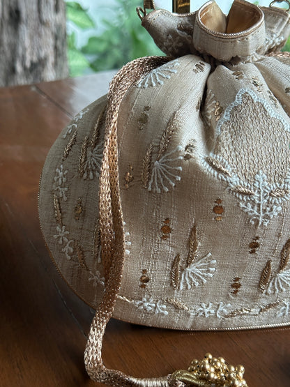 Natural Beige Silk Chikankari Ari & Kasab Work Potli Bag
