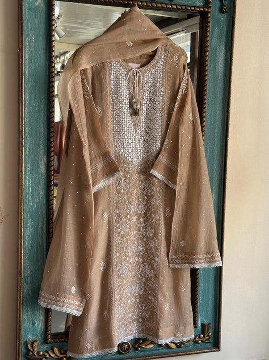 Natural Beige Soft Mulmul Mirror Work X Chikankari Kurta Set