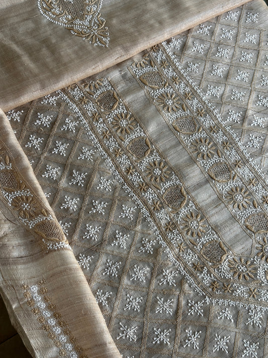 Natural Beige Tussar Silk All Over Chikankari Men’s Kurta Fabric