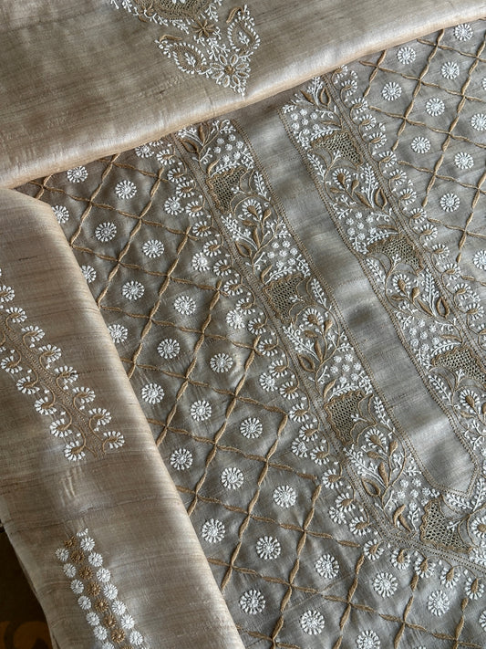 Natural Beige Tussar Silk All Over Chikankari Men’s Kurta Fabric