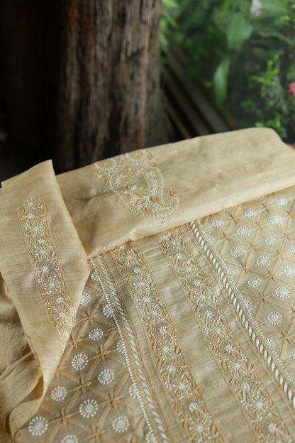 Natural Beige Tussar Silk All Over Front Chikankari Men’s Kurta Fabric