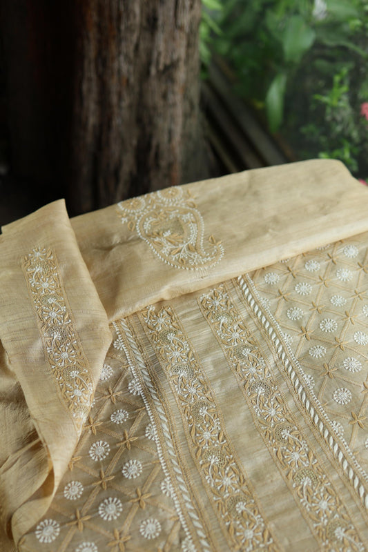 Natural Beige Tussar Silk All Over Front Chikankari Men’s Kurta Fabric