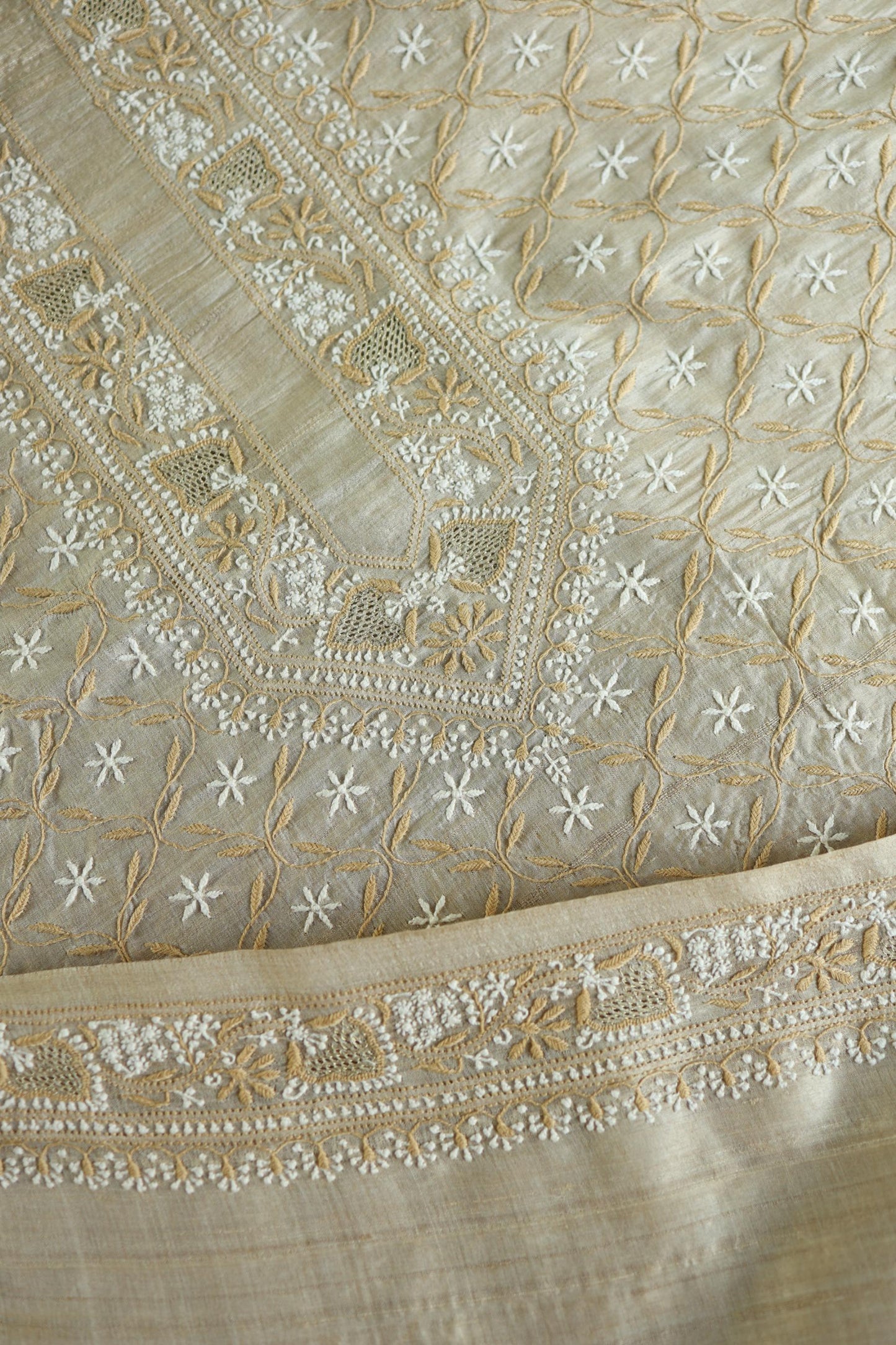 Natural Beige Tussar Silk All Over Front Chikankari Men’s Kurta Fabric