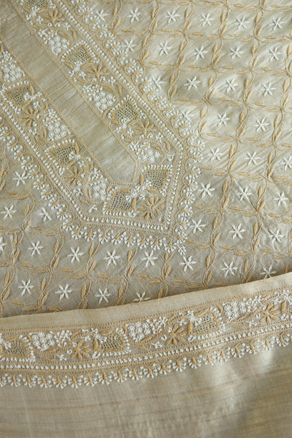 Natural Beige Tussar Silk All Over Front Chikankari Men’s Kurta Fabric