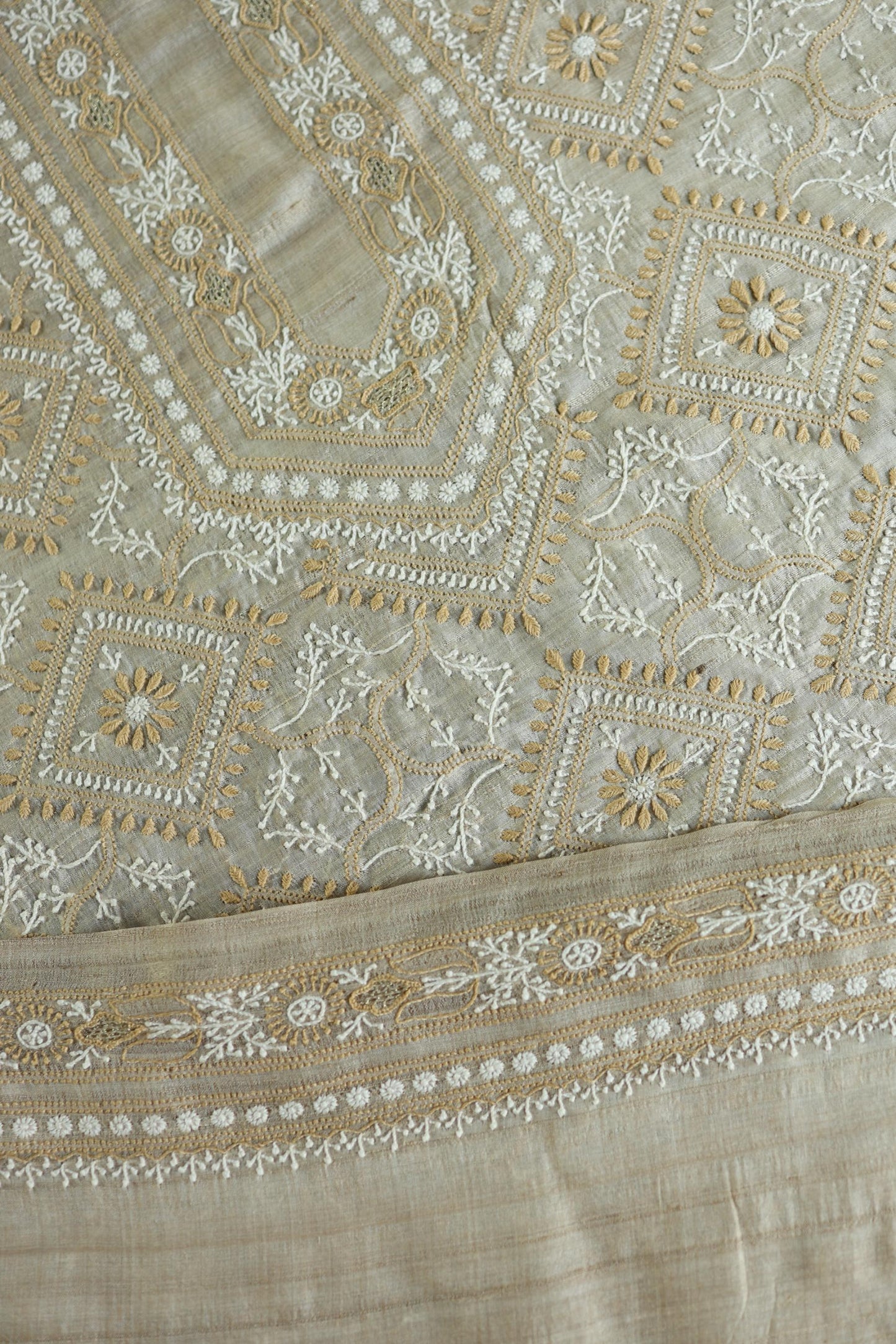 Natural Beige Tussar Silk All Over Front Chikankari Men’s Kurta Fabric