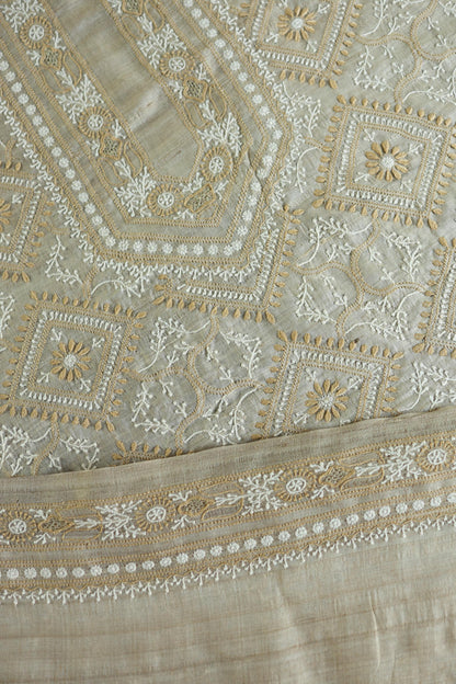 Natural Beige Tussar Silk All Over Front Chikankari Men’s Kurta Fabric