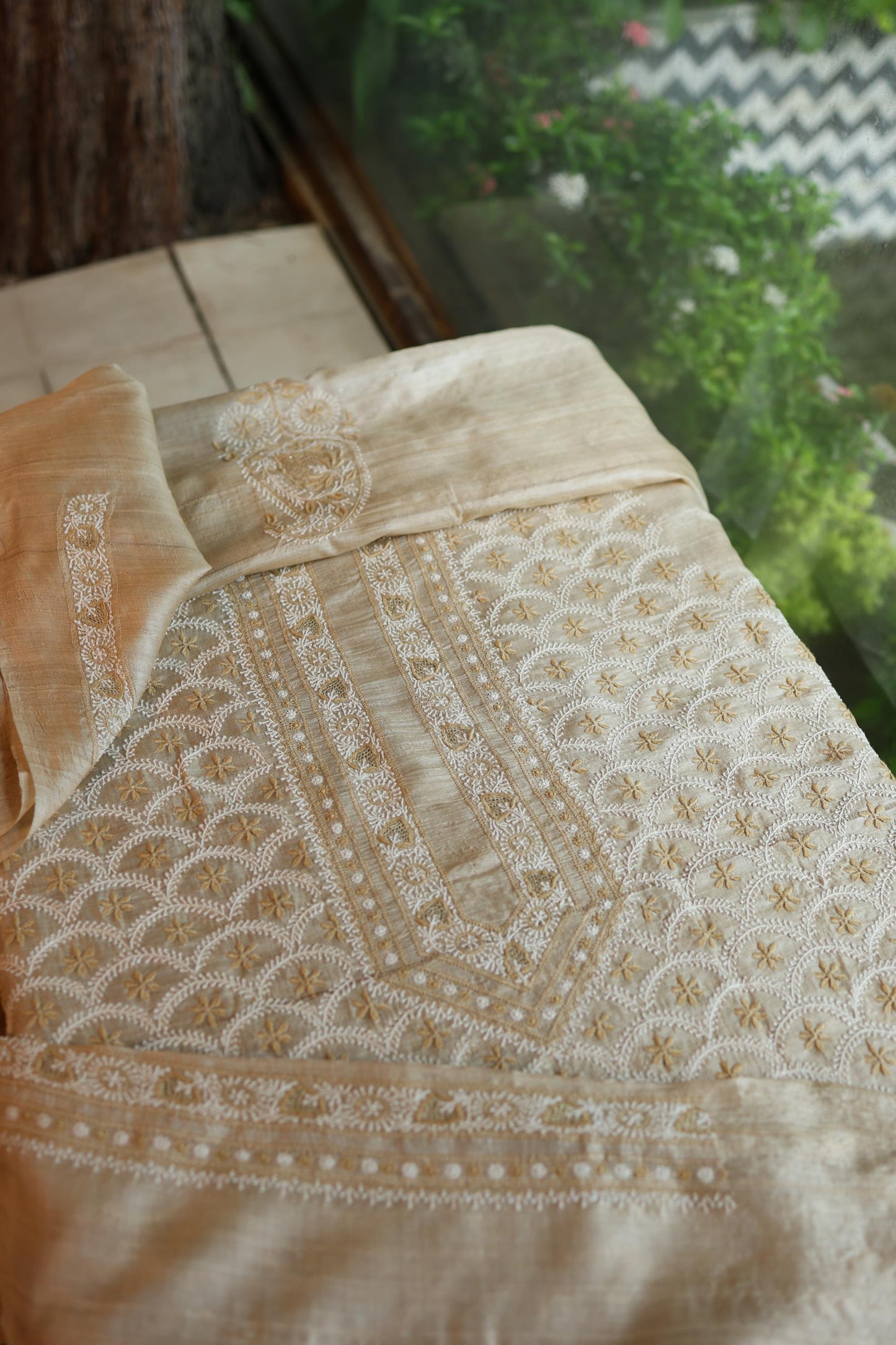 Natural Beige Tussar Silk All Over Front Chikankari Men’s Kurta Fabric
