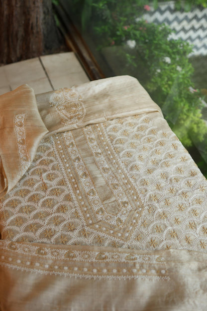 Natural Beige Tussar Silk All Over Front Chikankari Men’s Kurta Fabric