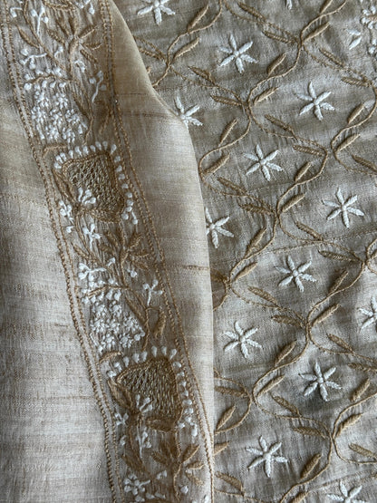 Natural Beige Tussar Silk All Over Front Chikankari Men’s Kurta Fabric