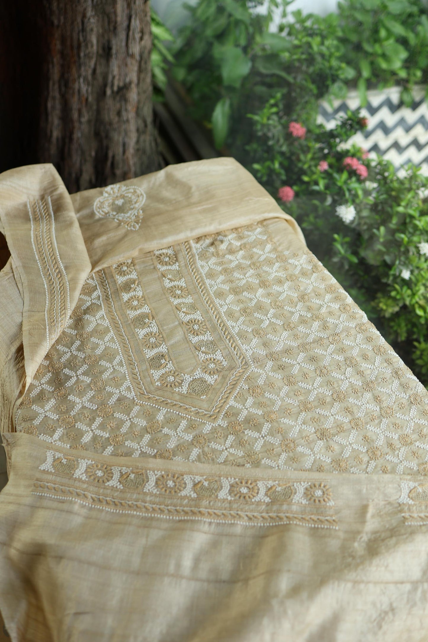 Natural Beige Tussar Silk All Over Front Chikankari Men’s Kurta Fabric