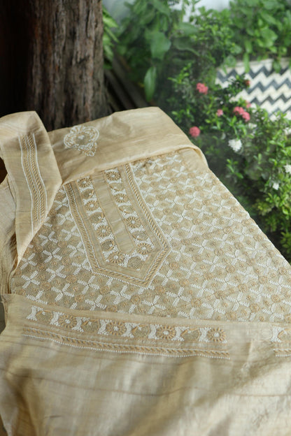 Natural Beige Tussar Silk All Over Front Chikankari Men’s Kurta Fabric