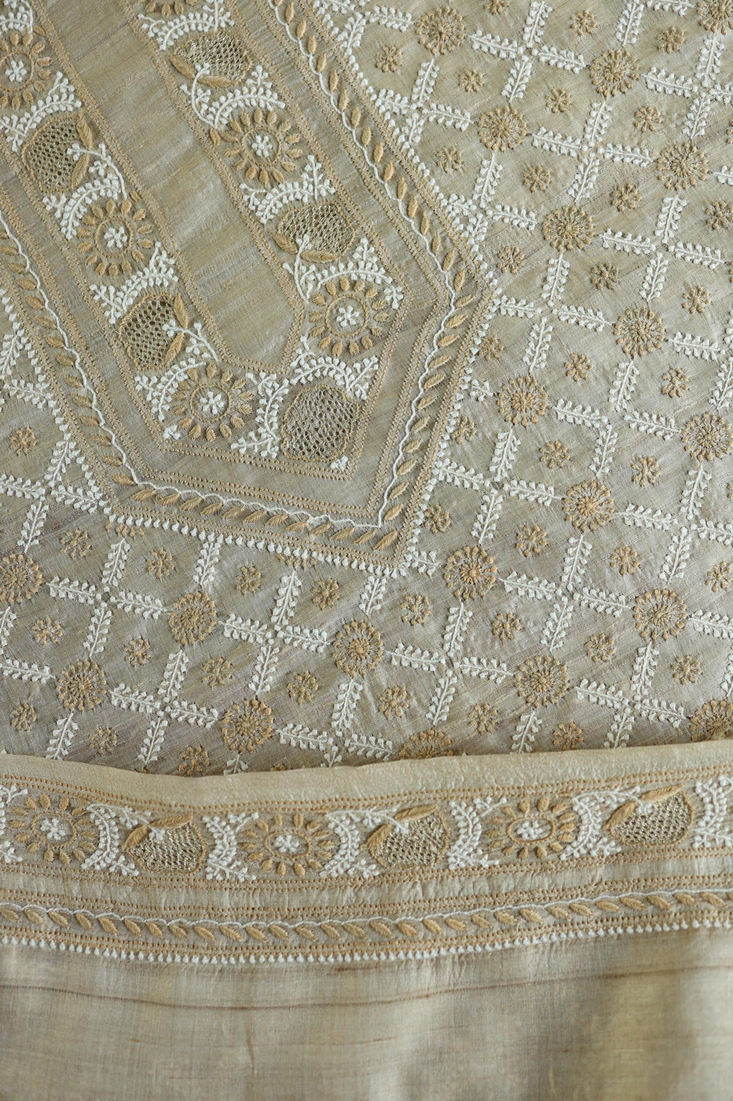 Natural Beige Tussar Silk All Over Front Chikankari Men’s Kurta Fabric