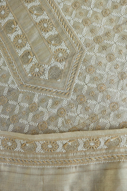 Natural Beige Tussar Silk All Over Front Chikankari Men’s Kurta Fabric