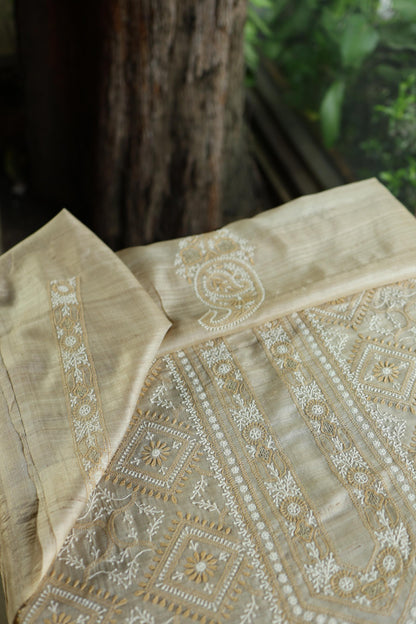 Natural Beige Tussar Silk All Over Front Chikankari Men’s Kurta Fabric