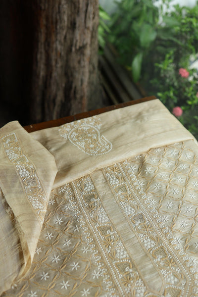 Natural Beige Tussar Silk All Over Front Chikankari Men’s Kurta Fabric