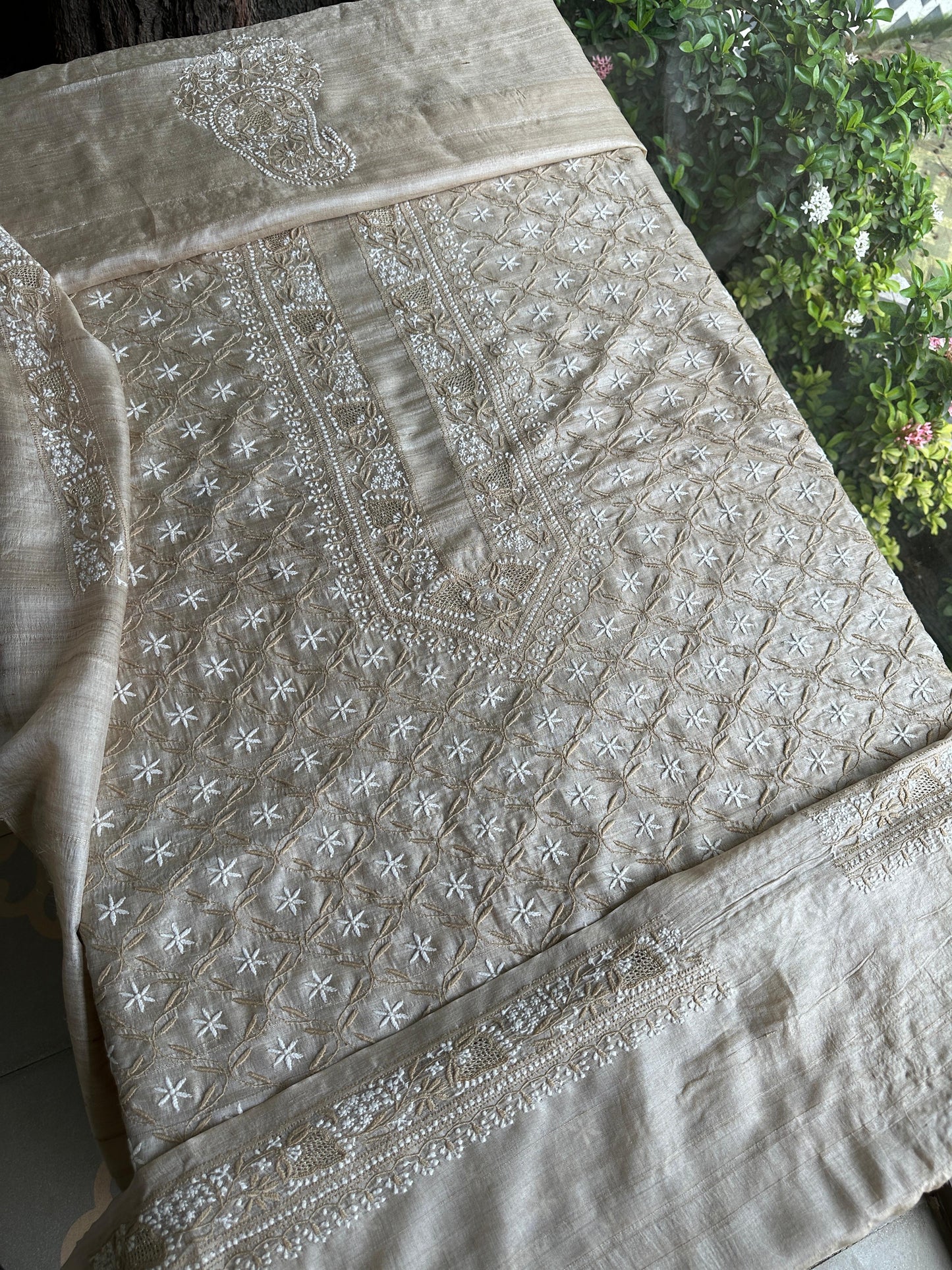 Natural Beige Tussar Silk All Over Front Chikankari Men’s Kurta Fabric