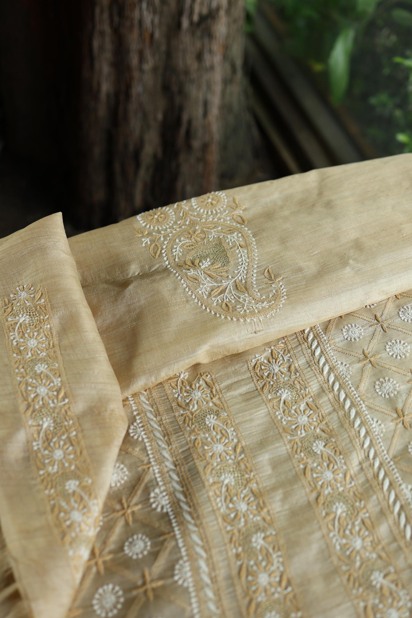 Natural Beige Tussar Silk All Over Front Chikankari Men’s Kurta Fabric