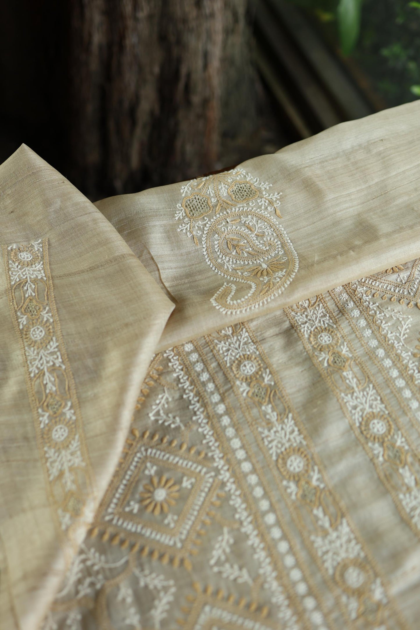 Natural Beige Tussar Silk All Over Front Chikankari Men’s Kurta Fabric