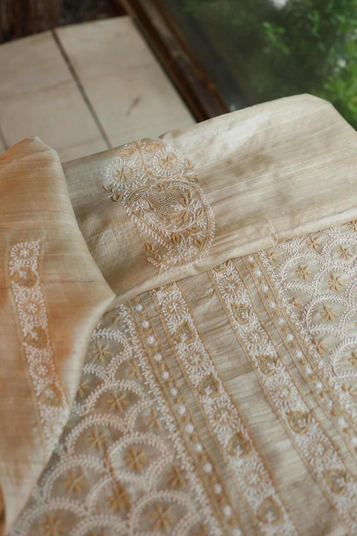 Natural Beige Tussar Silk All Over Front Chikankari Men’s Kurta Fabric