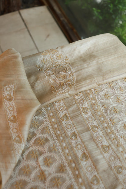 Natural Beige Tussar Silk All Over Front Chikankari Men’s Kurta Fabric
