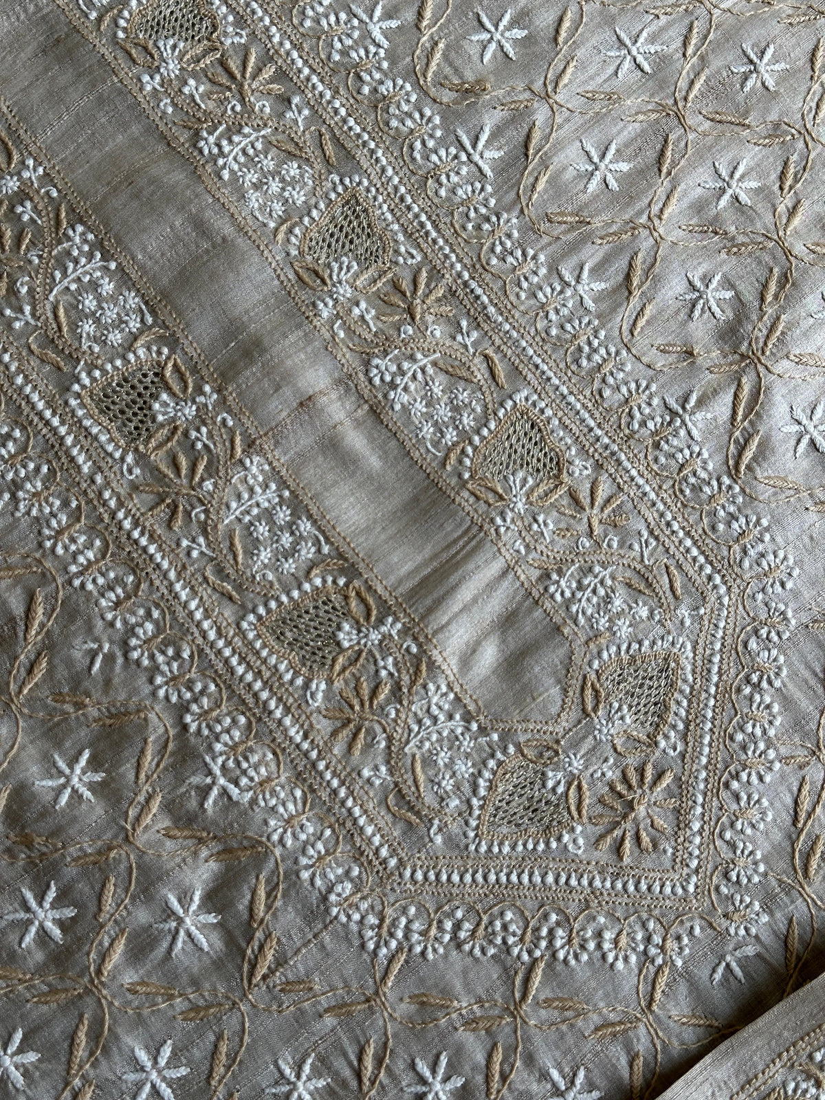 Natural Beige Tussar Silk All Over Front Chikankari Men’s Kurta Fabric
