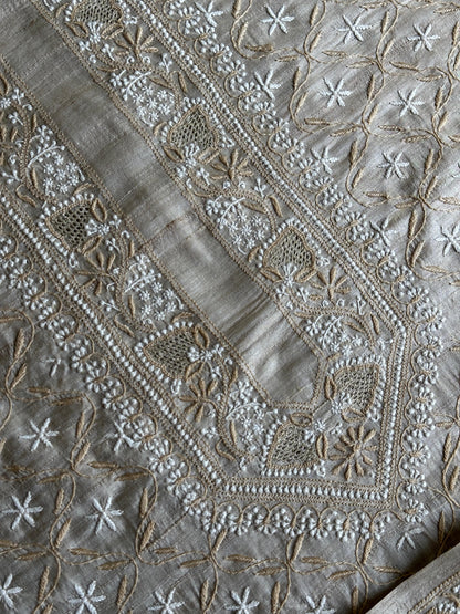 Natural Beige Tussar Silk All Over Front Chikankari Men’s Kurta Fabric