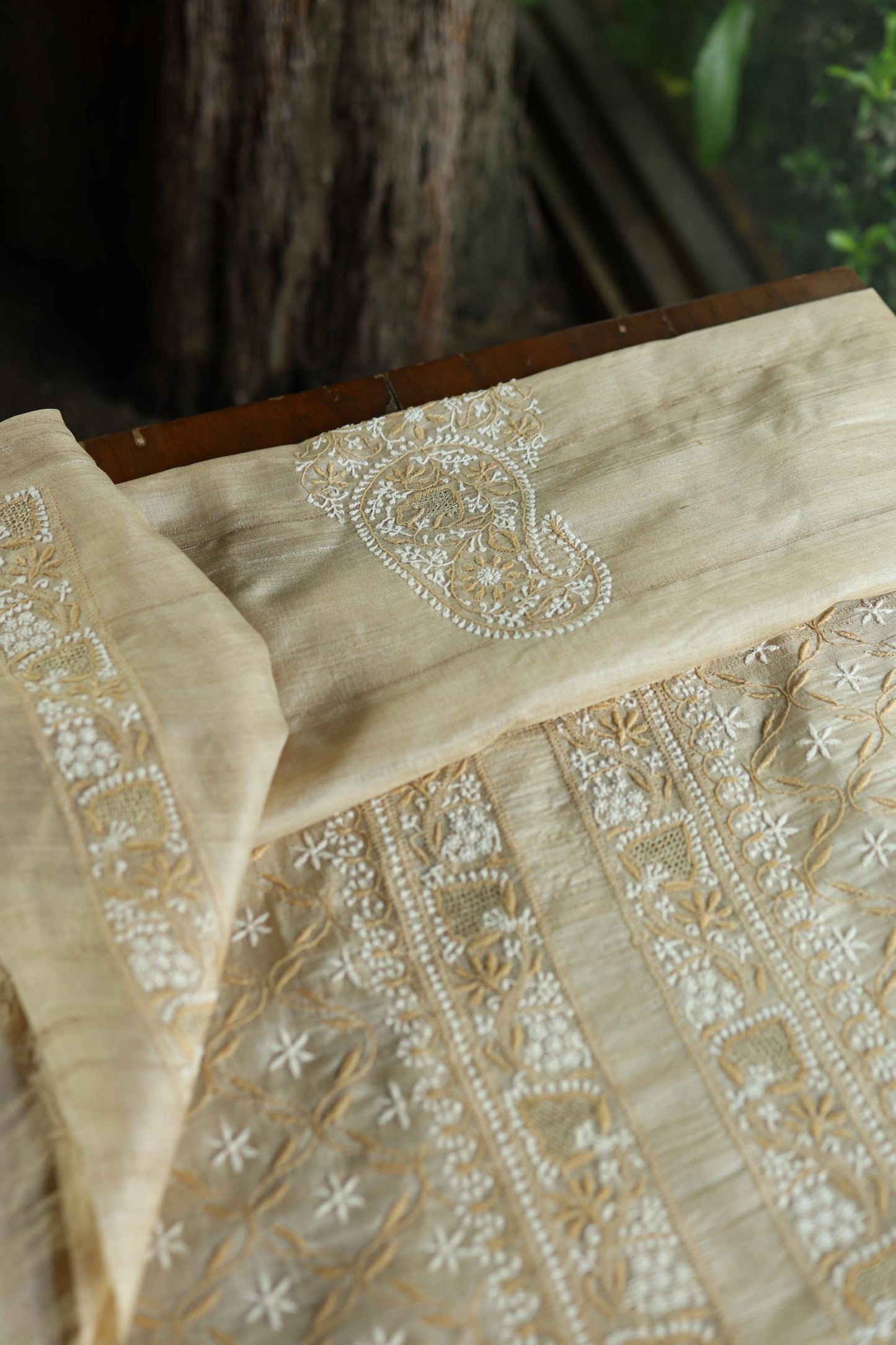 Natural Beige Tussar Silk All Over Front Chikankari Men’s Kurta Fabric