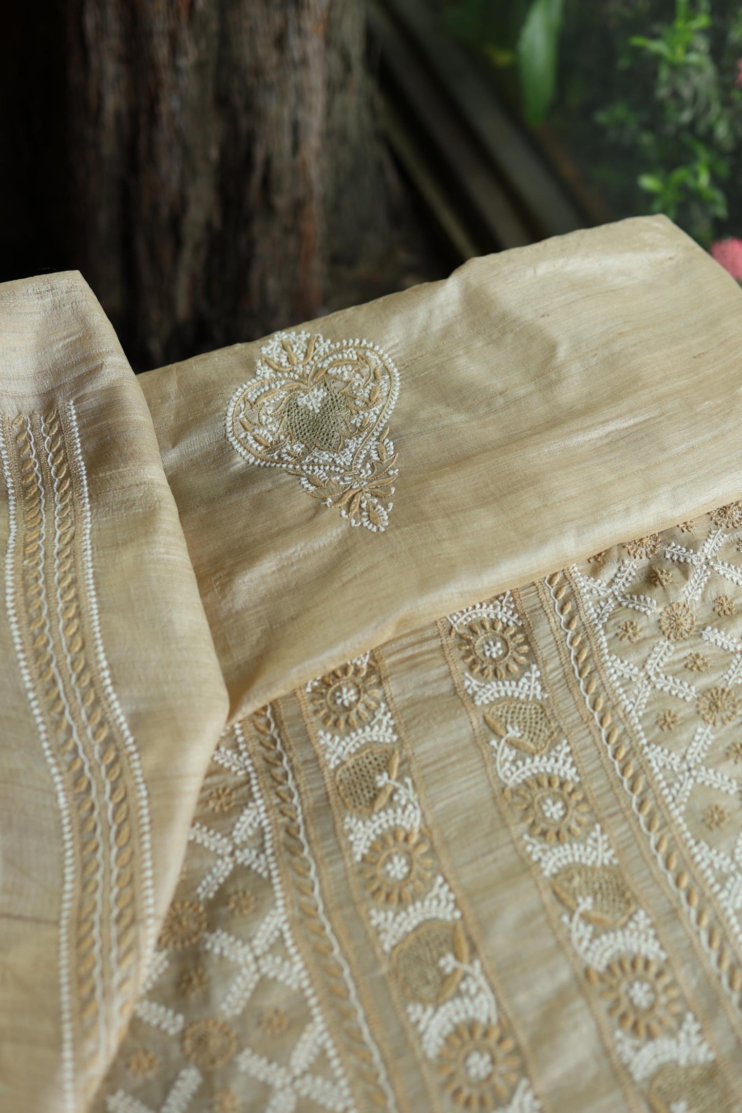 Natural Beige Tussar Silk All Over Front Chikankari Men’s Kurta Fabric