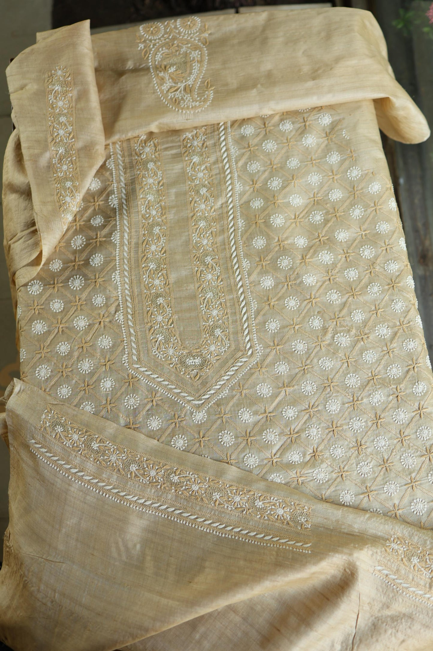 Natural Beige Tussar Silk All Over Front Chikankari Men’s Kurta Fabric