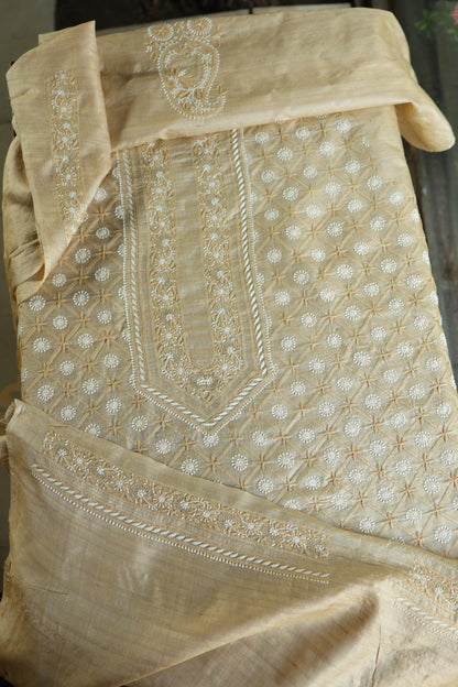 Natural Beige Tussar Silk All Over Front Chikankari Men’s Kurta Fabric