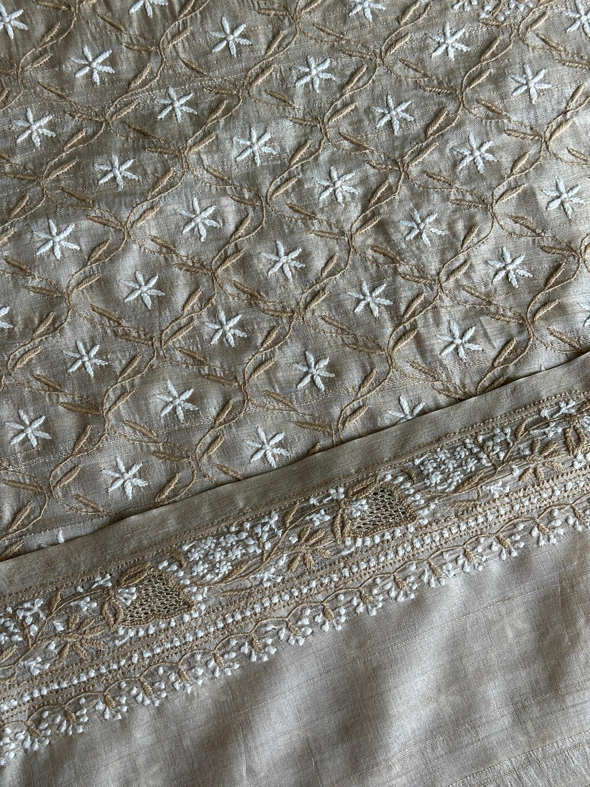 Natural Beige Tussar Silk All Over Front Chikankari Men’s Kurta Fabric