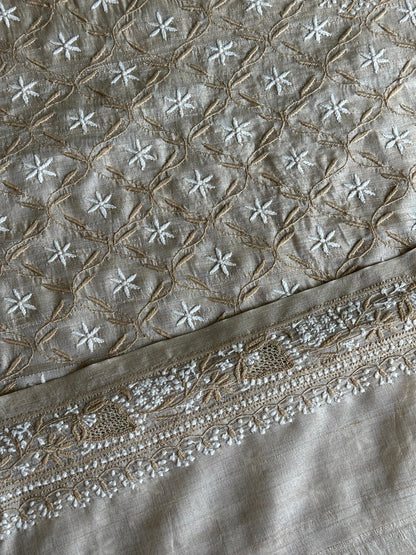 Natural Beige Tussar Silk All Over Front Chikankari Men’s Kurta Fabric
