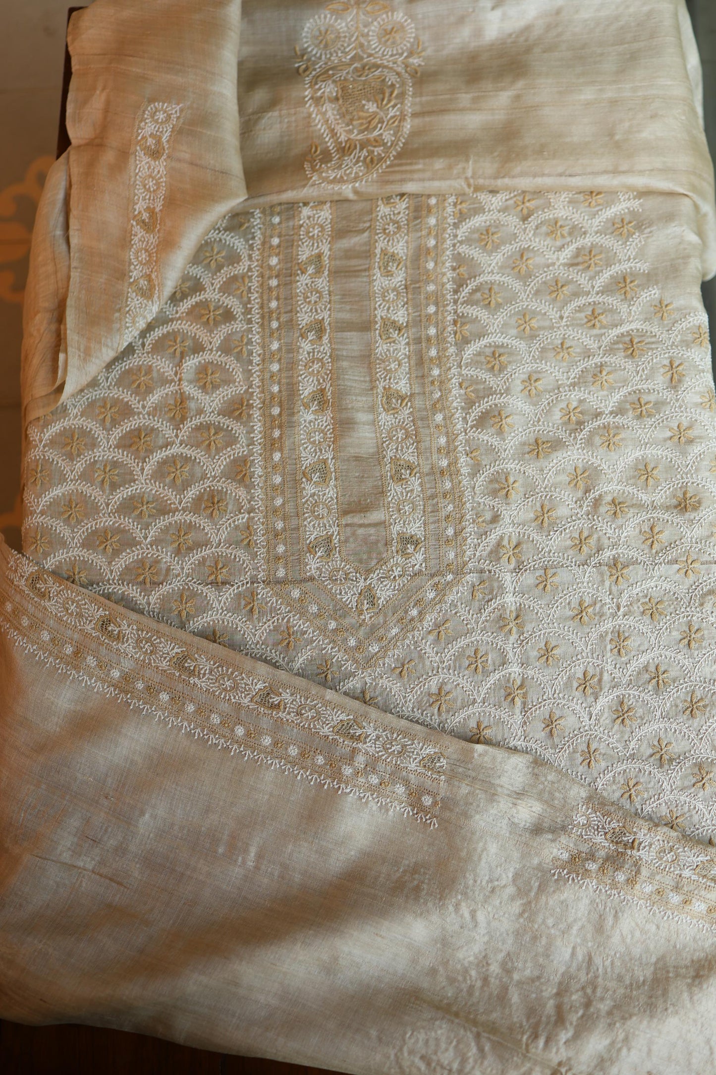 Natural Beige Tussar Silk All Over Front Chikankari Men’s Kurta Fabric