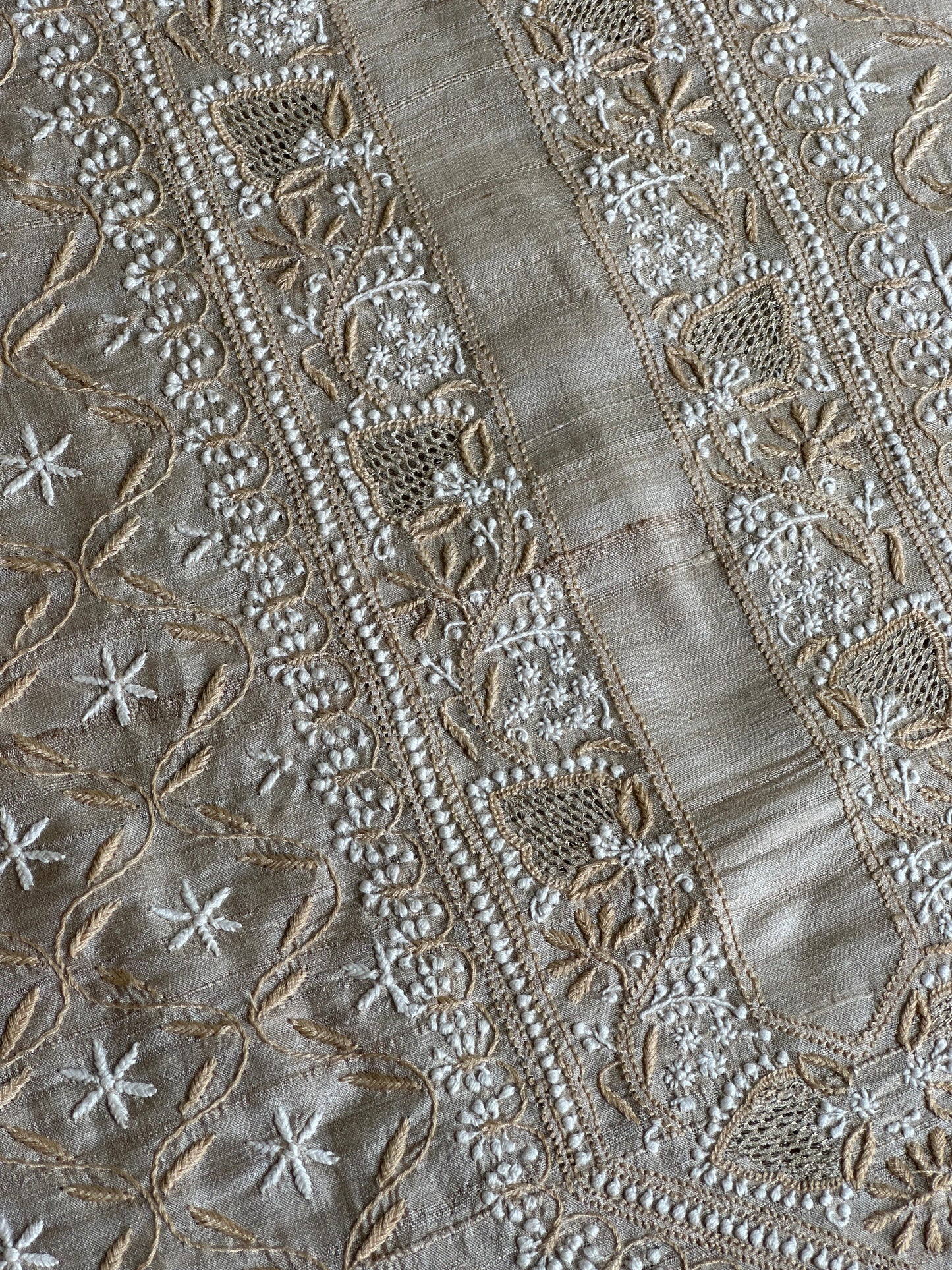 Natural Beige Tussar Silk All Over Front Chikankari Men’s Kurta Fabric