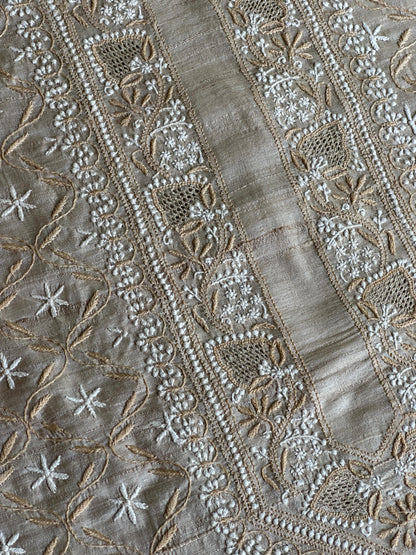 Natural Beige Tussar Silk All Over Front Chikankari Men’s Kurta Fabric