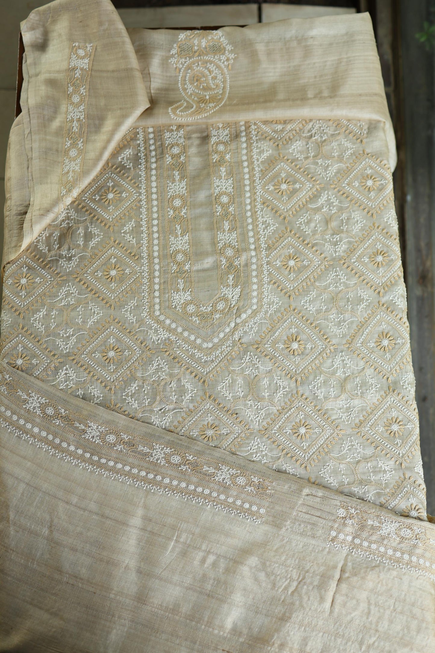 Natural Beige Tussar Silk All Over Front Chikankari Men’s Kurta Fabric