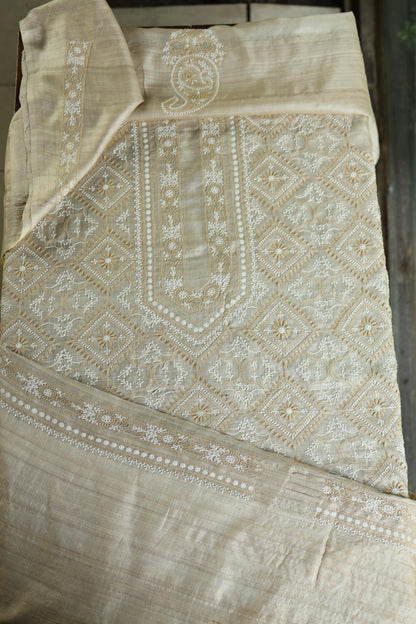 Natural Beige Tussar Silk All Over Front Chikankari Men’s Kurta Fabric