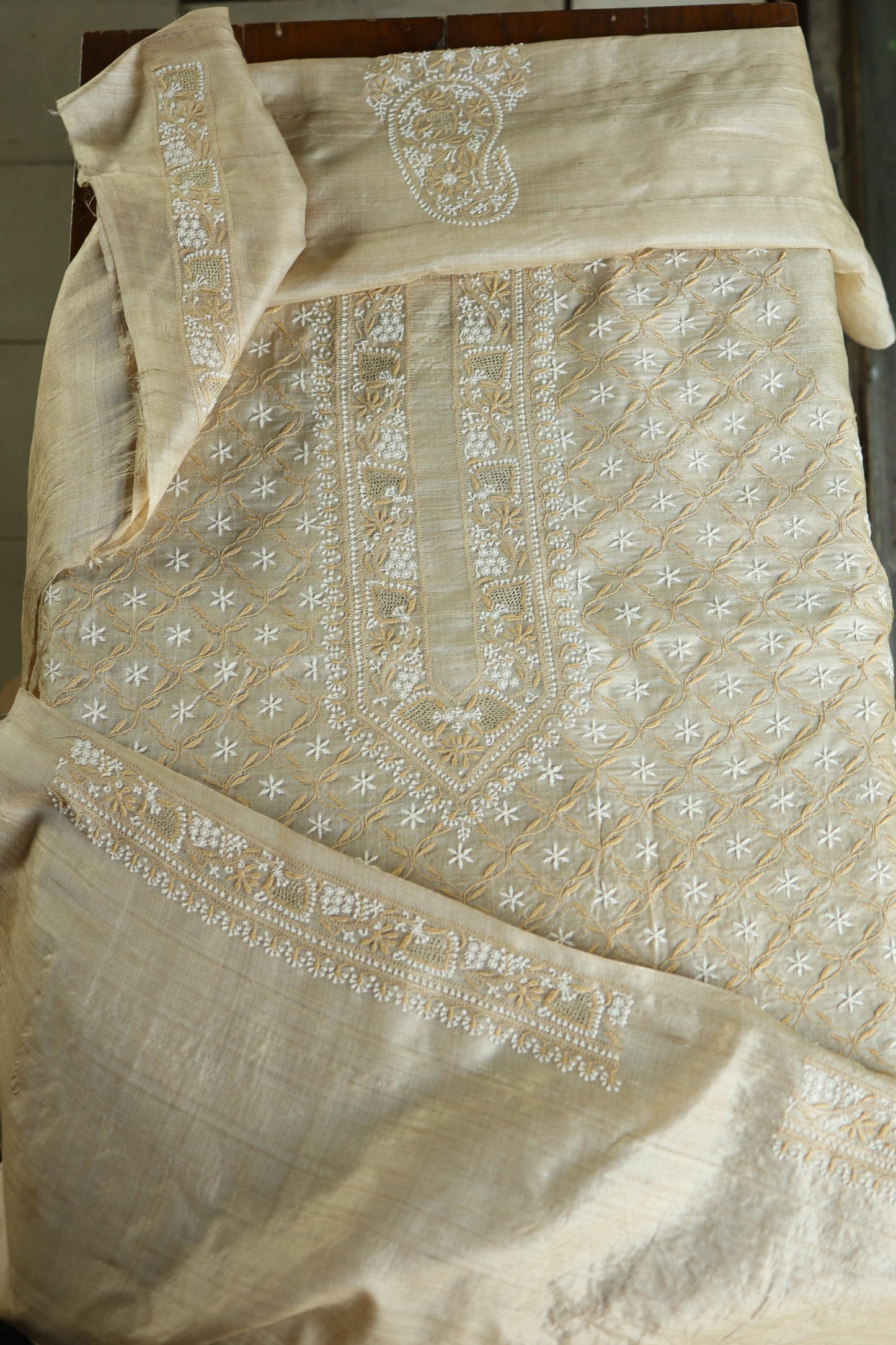 Natural Beige Tussar Silk All Over Front Chikankari Men’s Kurta Fabric
