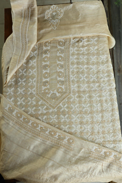 Natural Beige Tussar Silk All Over Front Chikankari Men’s Kurta Fabric