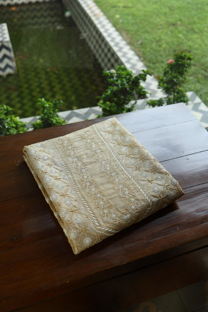 Natural Beige Tussar Silk All Over Front Chikankari Men’s Kurta Fabric