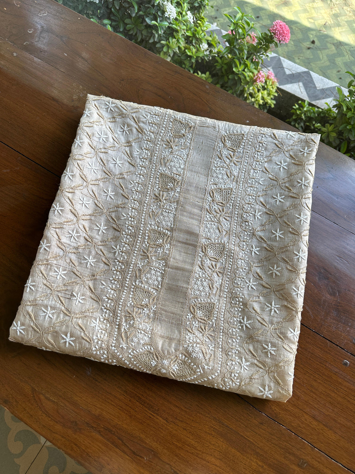 Natural Beige Tussar Silk All Over Front Chikankari Men’s Kurta Fabric