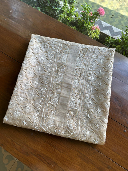 Natural Beige Tussar Silk All Over Front Chikankari Men’s Kurta Fabric