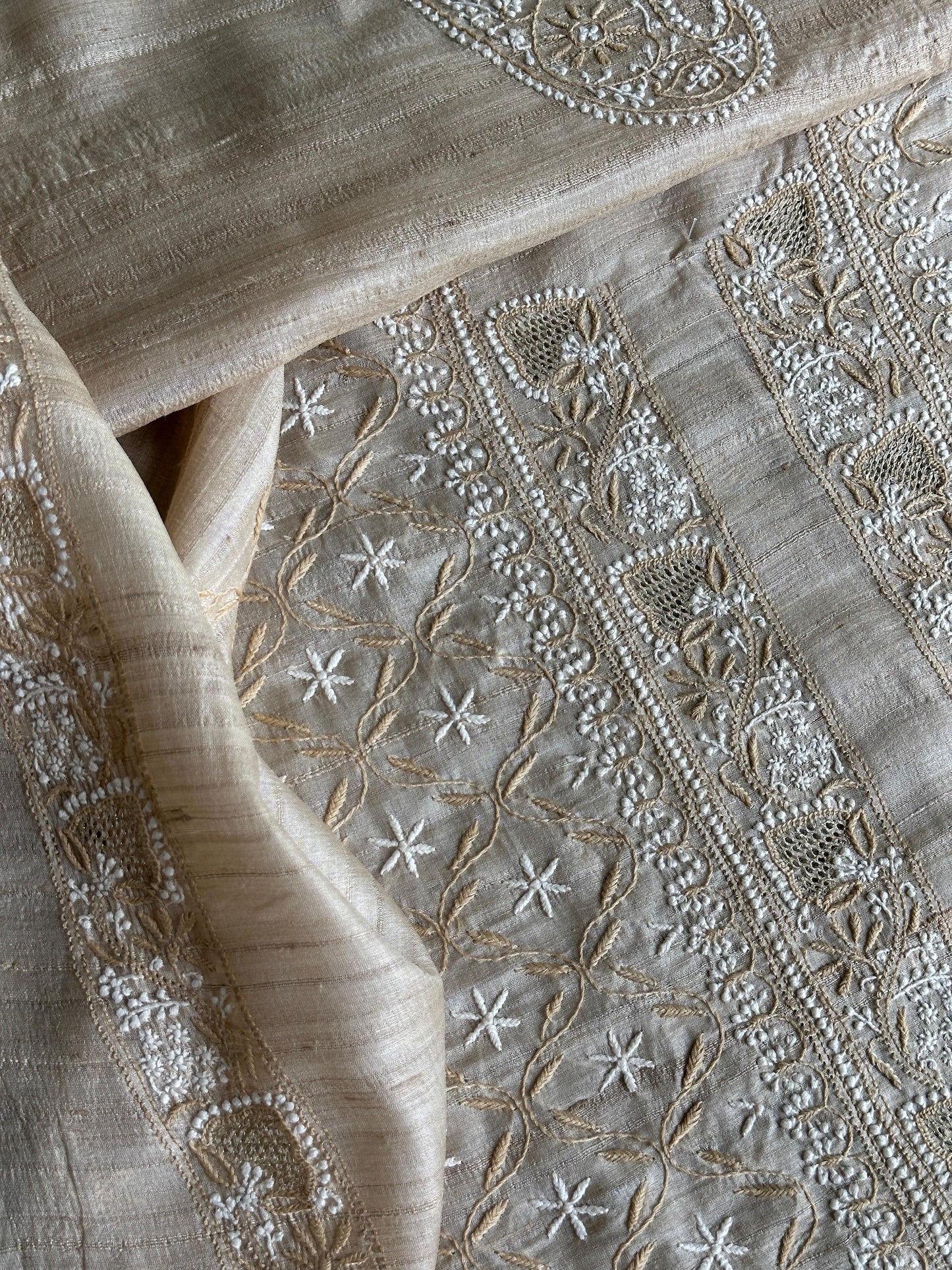 Natural Beige Tussar Silk All Over Front Chikankari Men’s Kurta Fabric