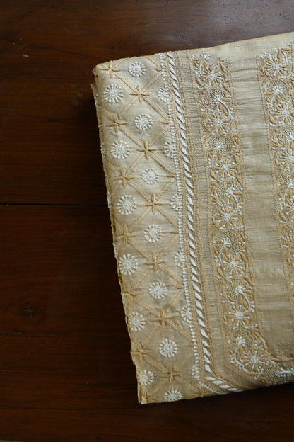 Natural Beige Tussar Silk All Over Front Chikankari Men’s Kurta Fabric