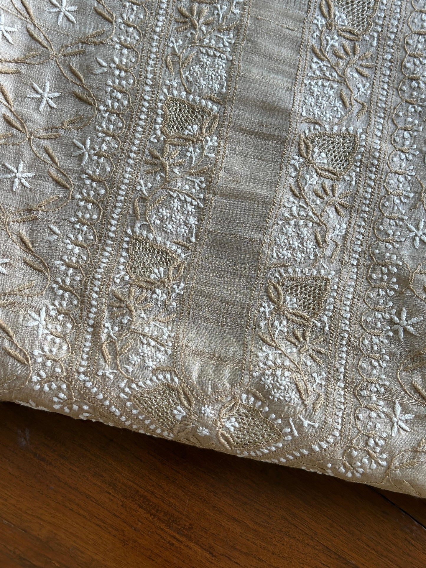 Natural Beige Tussar Silk All Over Front Chikankari Men’s Kurta Fabric