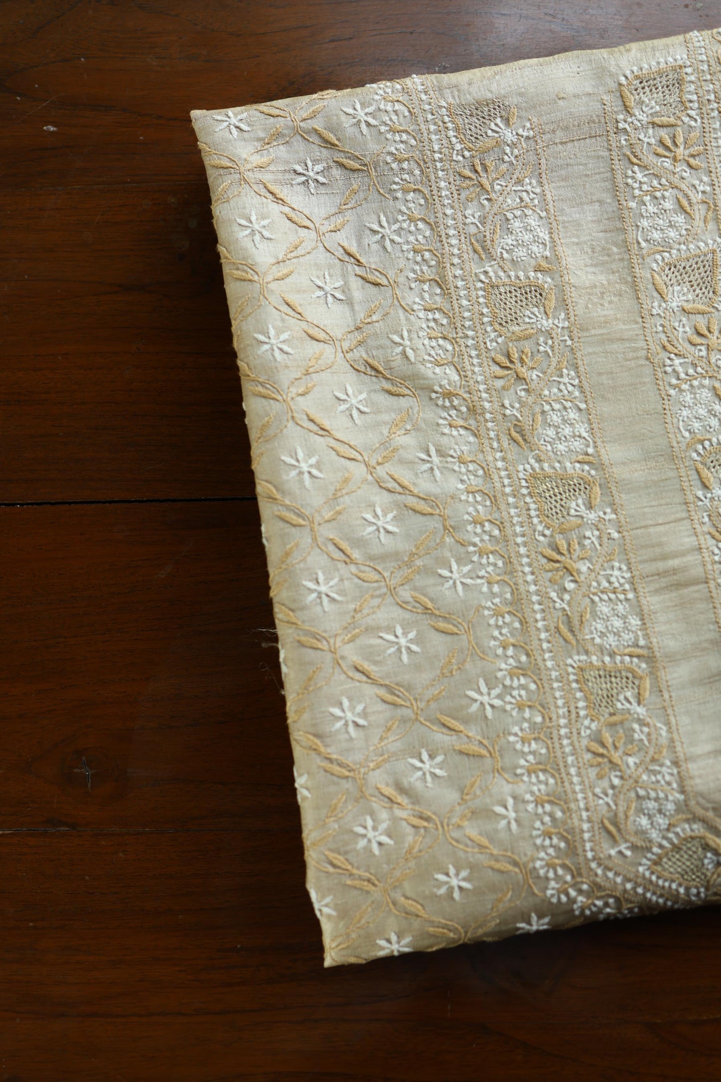 Natural Beige Tussar Silk All Over Front Chikankari Men’s Kurta Fabric