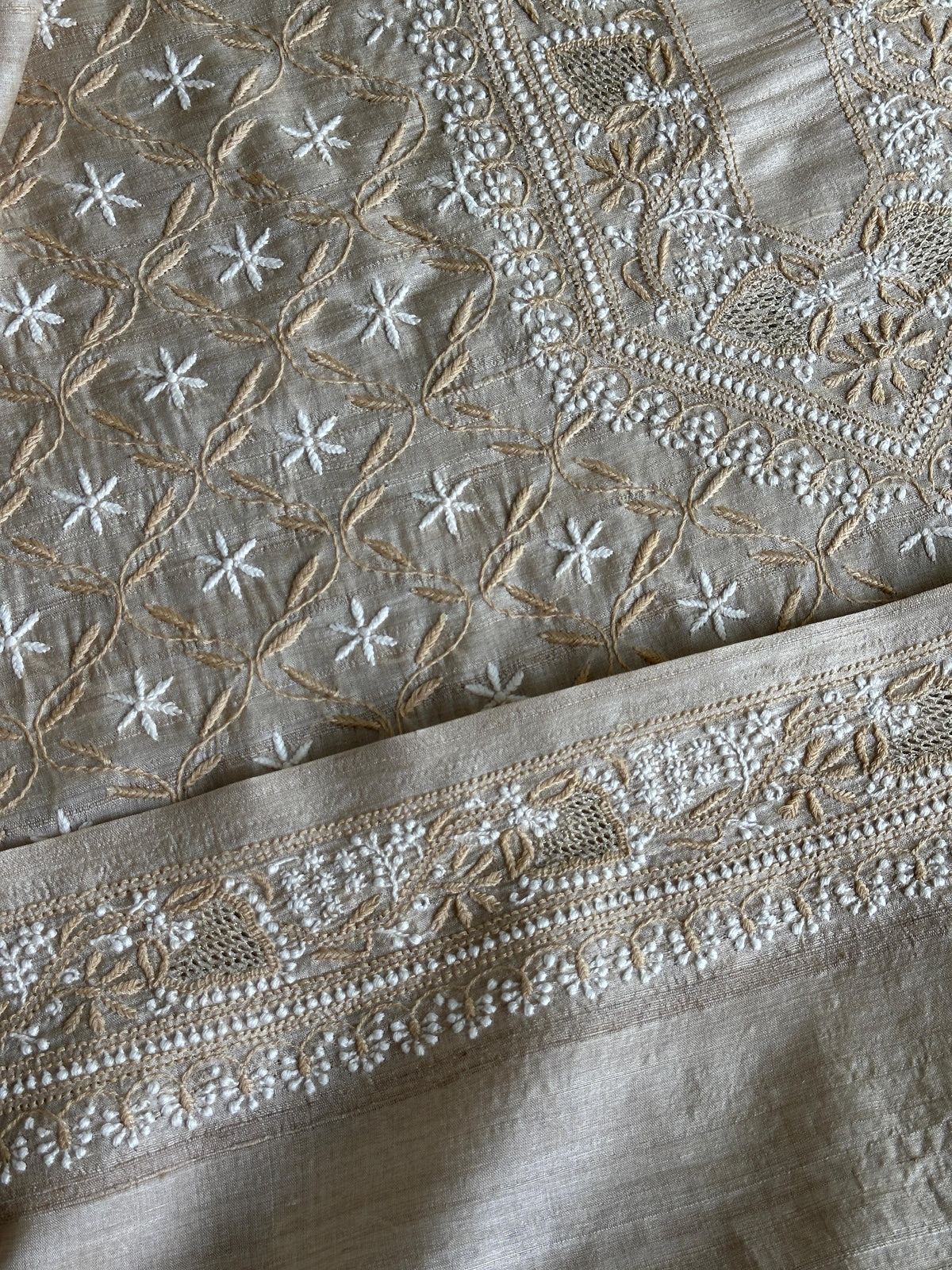 Natural Beige Tussar Silk All Over Front Chikankari Men’s Kurta Fabric