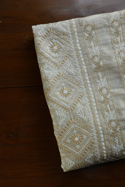 Natural Beige Tussar Silk All Over Front Chikankari Men’s Kurta Fabric