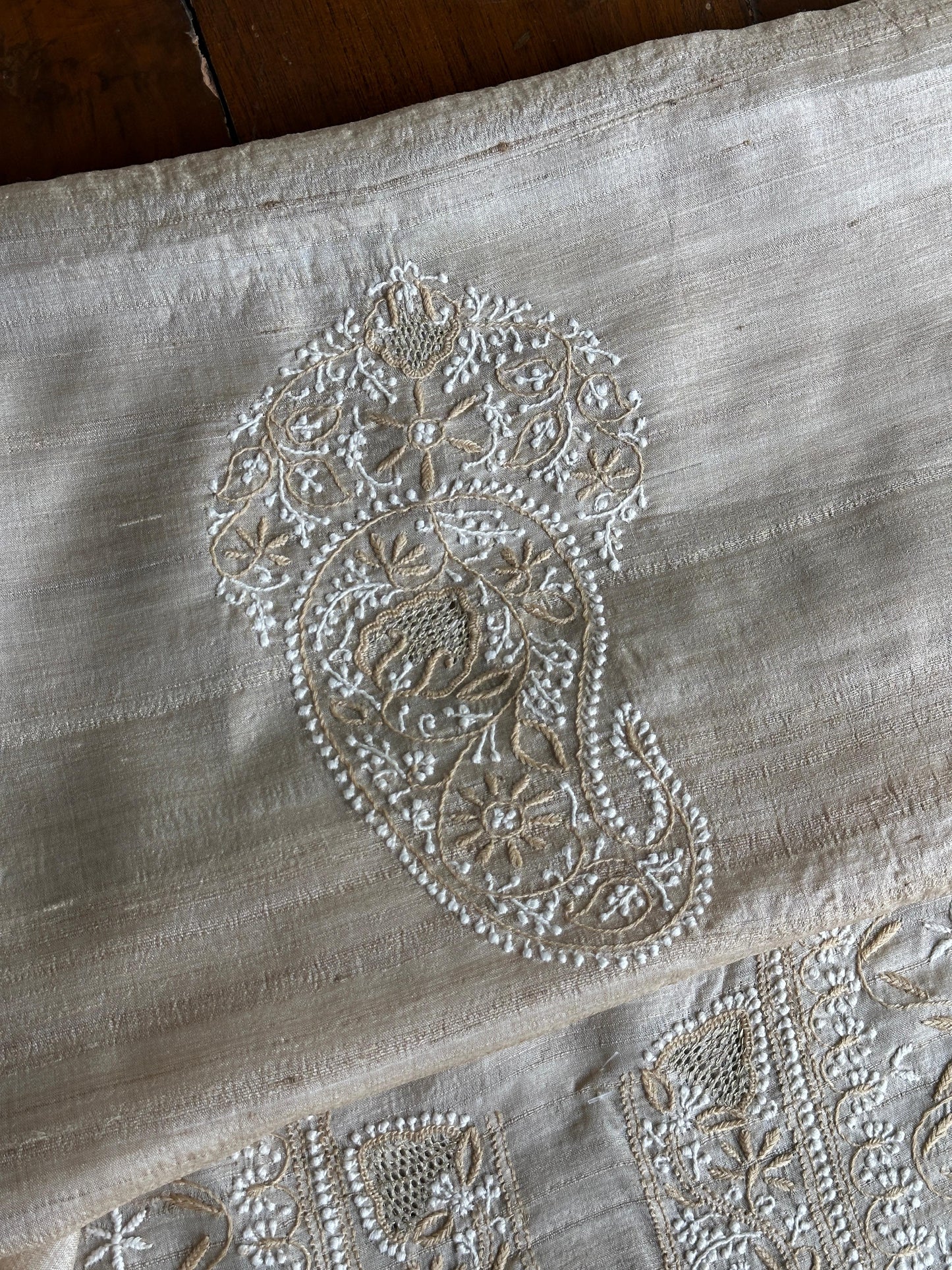 Natural Beige Tussar Silk All Over Front Chikankari Men’s Kurta Fabric